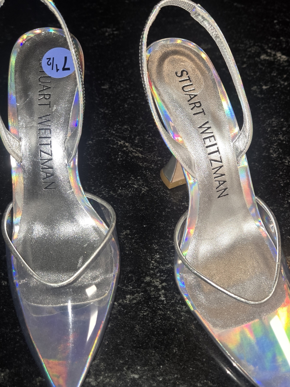 Stuart Weitzman Silver Holographic Slingback Pumps